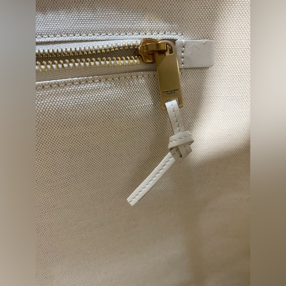 Saint Laurent * Linen Calfskin Striped Rive Gauche Tote Water Green - Picture 9 of 12